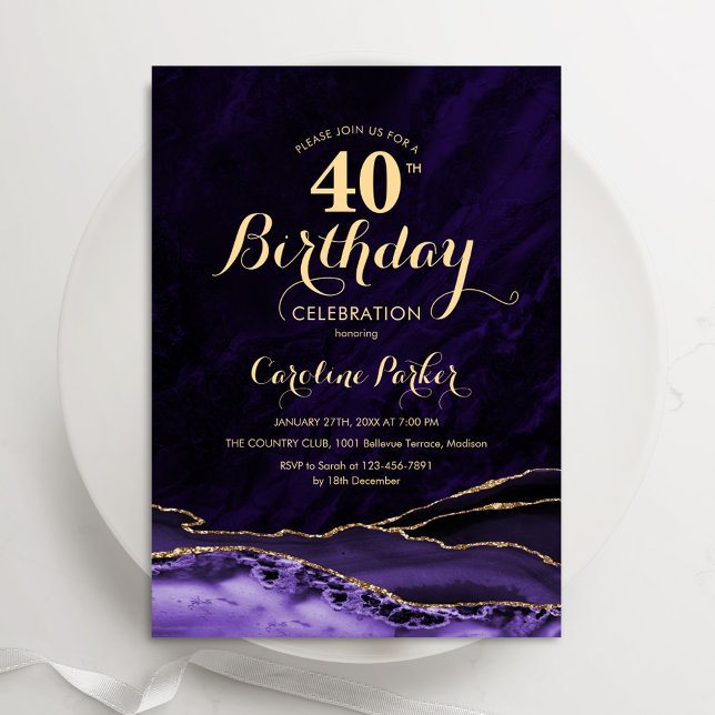 Purple Gold Agate 40th Birthday Invitation (Creator Uploaded)