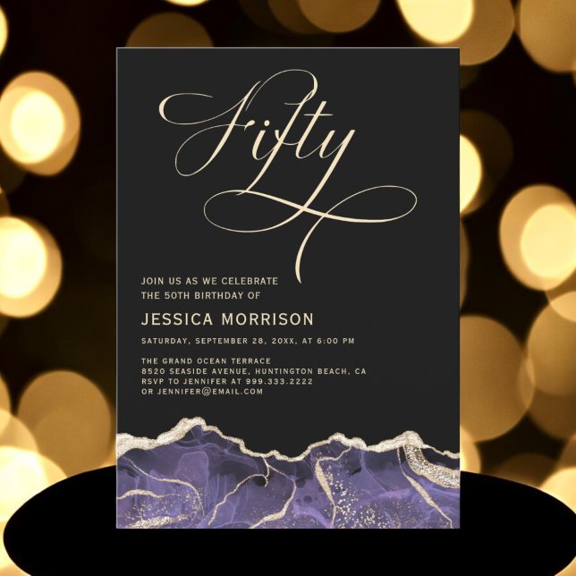 Purple Gold Agate 50th Fifty Birthday Party Invitation (Creator Uploaded)