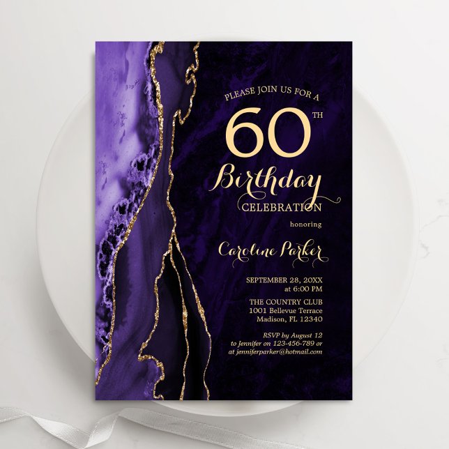 Purple Gold Agate 60th Birthday Invitation (Creator Uploaded)