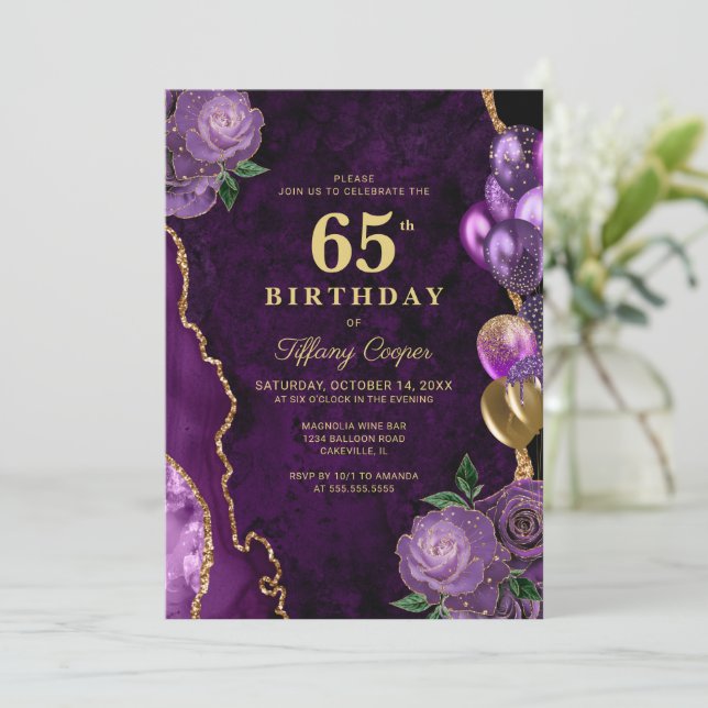 Purple Gold Agate 65th Birthday Invitation (Standing Front)