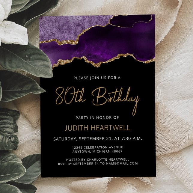 Purple Gold Agate 80th Birthday Invitation (Creator Uploaded)