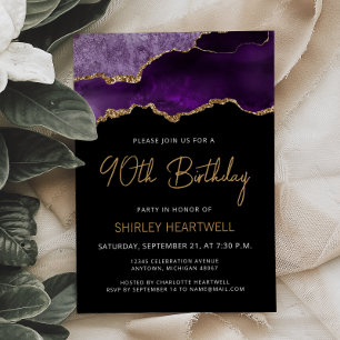 Purple Gold Agate 90th Birthday Invitation