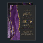 Purple Gold Agate Dark 80th Birthday Party Invitation<br><div class="desc">The left-hand edge of this elegant modern birthday party invitation features a purple watercolor agate border trimmed with gold faux glitter. The customisable text combines gold-coloured handwriting,  copperplate and italic fonts on a slate black background. The reverse side features a matching purple and gold agate design.</div>