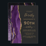 Purple Gold Agate Dark 90th Birthday Party Invitation<br><div class="desc">The left-hand edge of this elegant modern birthday party invitation features a purple watercolor agate border trimmed with gold faux glitter. The customisable text combines gold-coloured handwriting,  copperplate and italic fonts on a slate black background. The reverse side features a matching purple and gold agate design.</div>