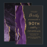 Purple Gold Agate Dark 90th Birthday Party Invitation<br><div class="desc">The left-hand edge of this elegant modern birthday party invitation features a purple watercolor agate border trimmed with gold faux glitter. The customisable text combines gold-coloured handwriting,  copperplate and italic fonts on a slate black background. The reverse side features a matching purple and gold agate design.</div>