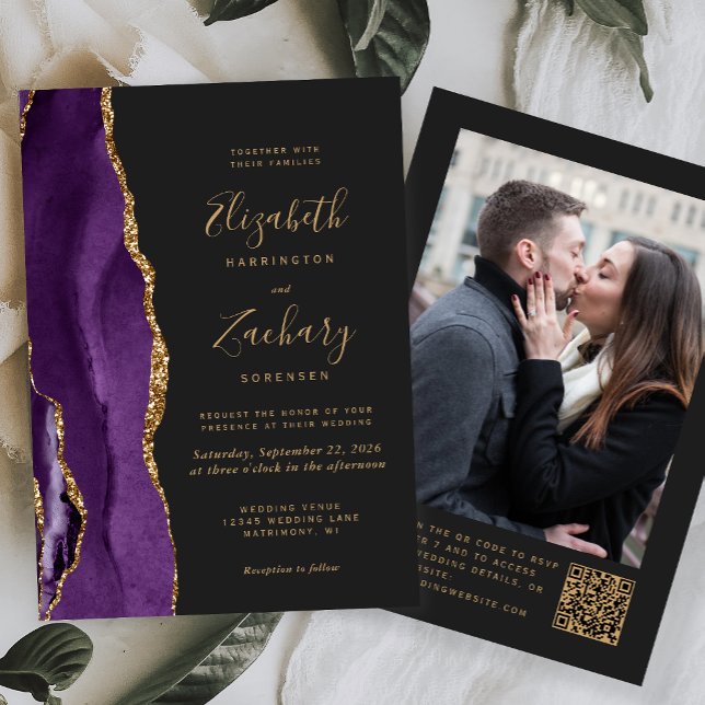 Purple Gold Agate Dark Photo QR Code Wedding Invitation (Creator Uploaded)