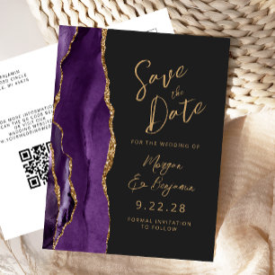Purple Gold Agate Dark QR Code Save the Date Announcement Postcard