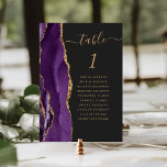 Purple Gold Agate Dark Wedding Table Number<br><div class="desc">The left-hand edge of this elegant modern wedding table number card features a purple watercolor agate border trimmed with faux gold glitter. The word "table" appears in gold-coloured handwriting script on an off-black background. Add the names of your guests who are assigned to each table.</div>
