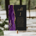 Purple Gold Agate Dark Wedding Table Number<br><div class="desc">The left-hand edge of this elegant wedding table number card features a purple watercolor agate border trimmed with faux gold glitter. The word "table" appears in gold-coloured modern handwriting script on a dark slate black background. Add the names of your guests who are assigned to each table.</div>