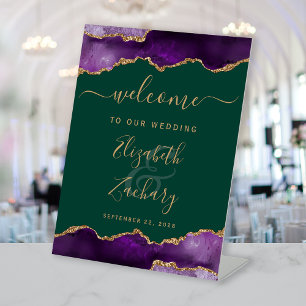 Purple Gold Agate Emerald Green Wedding Welcome Pedestal Sign