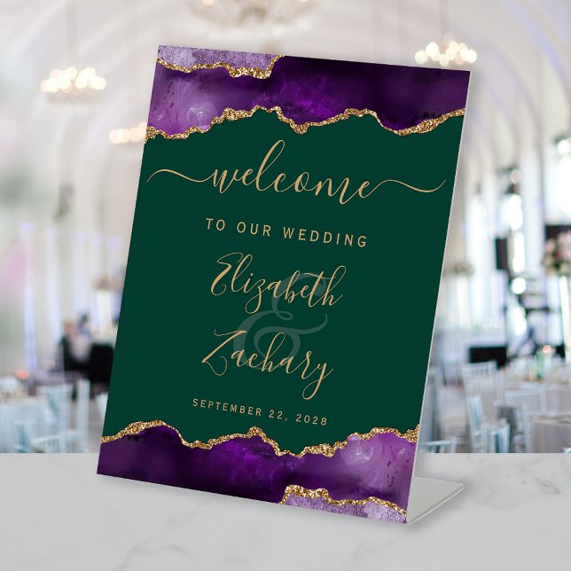 Purple Gold Agate Emerald Green Wedding Welcome Pedestal Sign (Creator Uploaded)