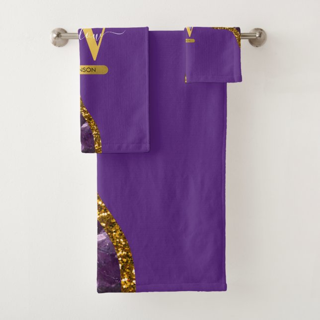 Purple & Gold Agate Geode Glitter Monogram  Bath Towel Set (Insitu)