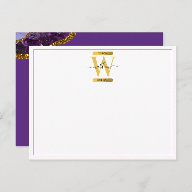 Purple & Gold Agate Geode Glitter Monogram  Card (Front/Back)