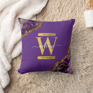 Purple & Gold Agate Geode Glitter Monogram Cushion
