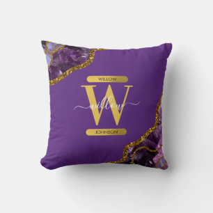 Purple & Gold Agate Geode Glitter Monogram Cushion