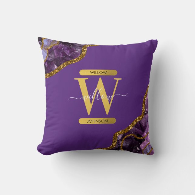 Purple & Gold Agate Geode Glitter Monogram  Cushion (Front)