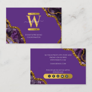 Purple & Gold Agate Geode Glitter Monogram Marble Business Card