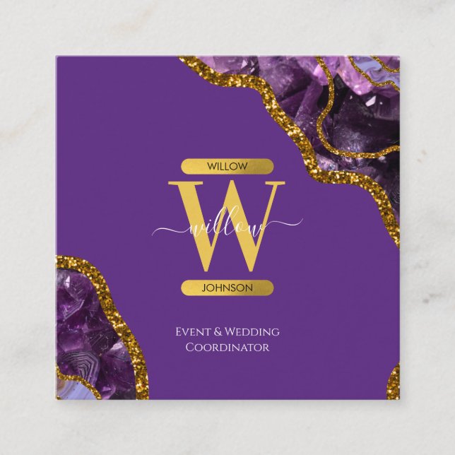 Purple & Gold Agate Geode Glitter Monogram Marble  Square Business Card (Front)