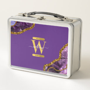 Purple & Gold Agate Geode Glitter Monogram Metal Lunch Box
