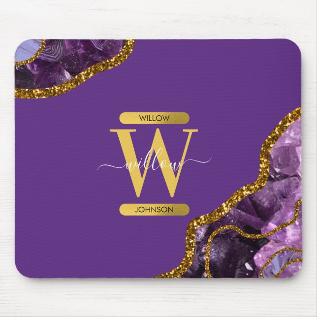 Purple & Gold Agate Geode Glitter Monogram Mouse Pad (Front)
