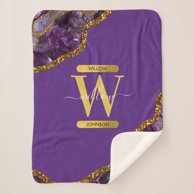 Purple & Gold Agate Geode Glitter Monogram  Sherpa Blanket (Front)