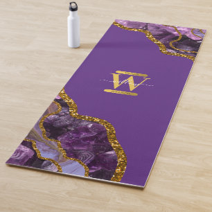 Purple & Gold Agate Geode Glitter Monogram Yoga Mat