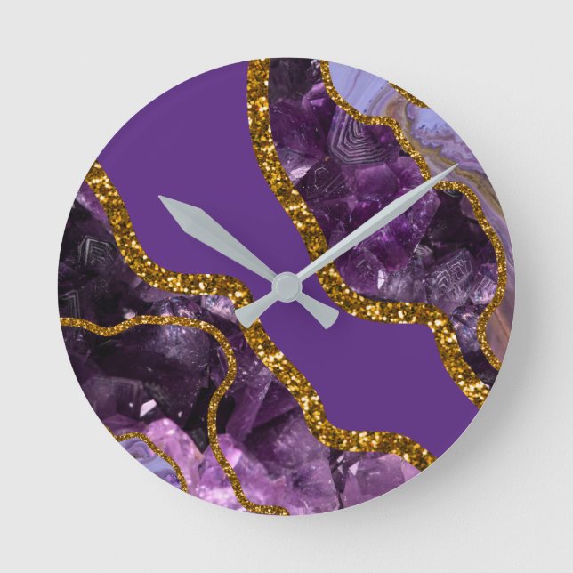 Purple & Gold Agate Geode Glitter Round Clock (Front)