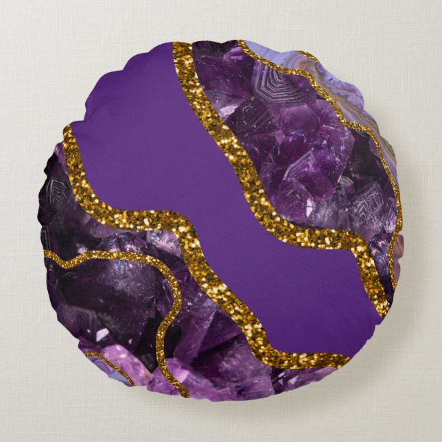 Purple & Gold Agate Geode Glitter Round Cushion (Front)