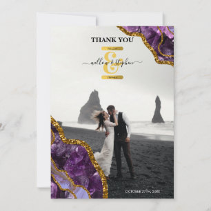 Purple & Gold Agate Geode Glitter Wedding Photo Thank You Card