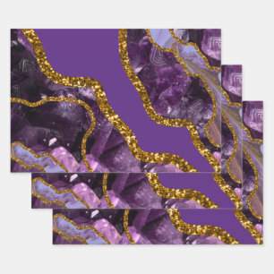 Purple & Gold Agate Geode Glitter Wrapping Paper Sheet