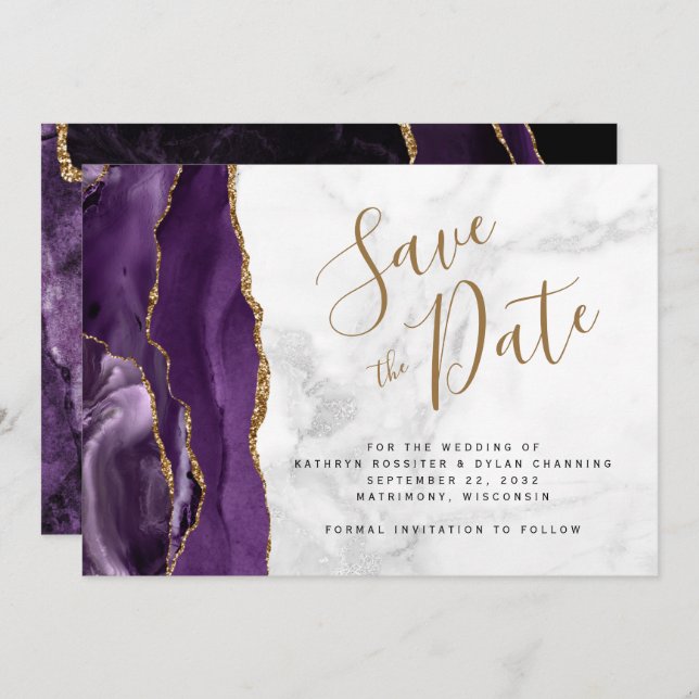 Purple Gold Agate Grey Marble Save the Date Card (Front/Back)