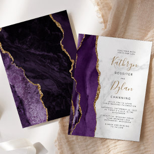 Purple Gold Agate Grey Marble Wedding Invitation