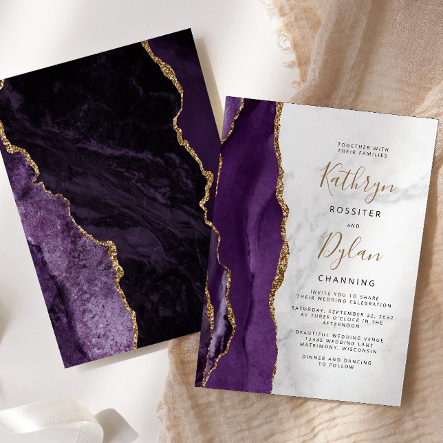 Purple Gold Agate Grey Marble Wedding Invitation (Creator Uploaded)
