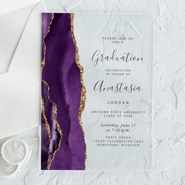 Purple Gold Agate Grey Text Graduation Acrylic Invitations (Creator Uploaded)