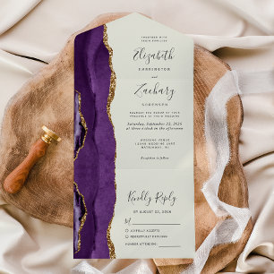 Purple Gold Agate Ivory Wedding All In One Invitation