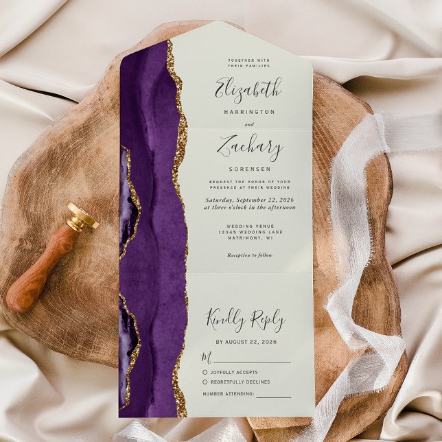 Purple Gold Agate Ivory Wedding All In One Invitation (Creator Uploaded)