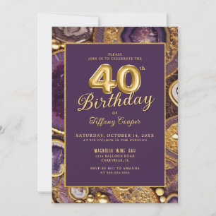 Purple Gold Agate Marble 40th Birthday Invitation