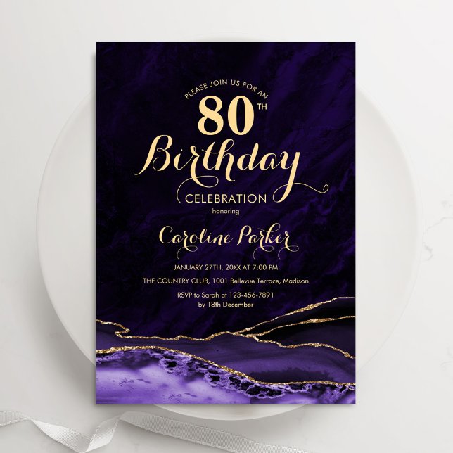 Purple Gold Agate Marble 80th Birthday Invitation (Creator Uploaded)