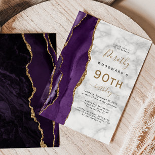 Purple Gold Agate Marble 90th Birthday Party Invitation