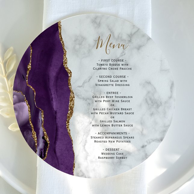 Purple Gold Agate Marble Round Plate Wedding Menu (Creator Uploaded)