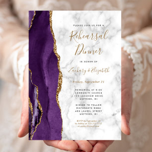  Purple Gold Agate Marble Wedding Rehearsal Dinner Invitation