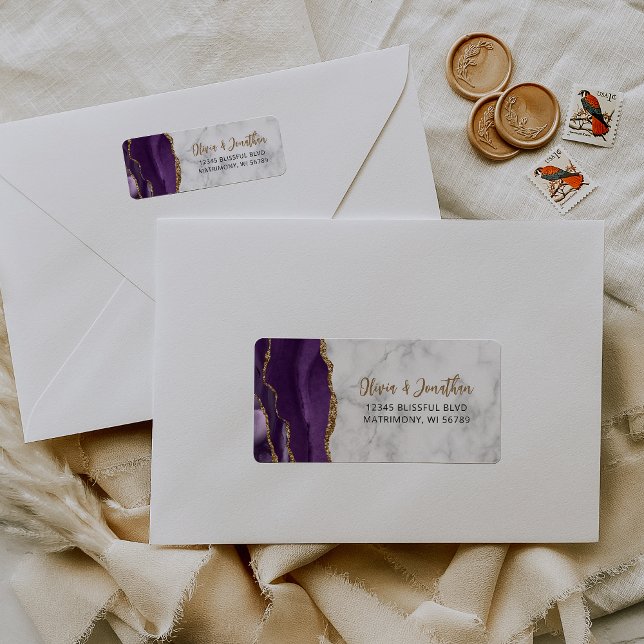 Purple Gold Agate Marble Wedding Return Address Label (Creator Uploaded)