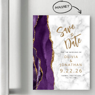 Purple Gold Agate Marble Wedding Save the Date Magnetic Invitation