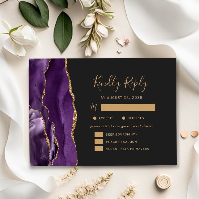 Purple Gold Agate Meal Options Dark Wedding RSVP (Creator Uploaded)