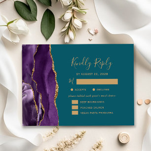 Purple Gold Agate Meal Options Teal Wedding RSVP Card