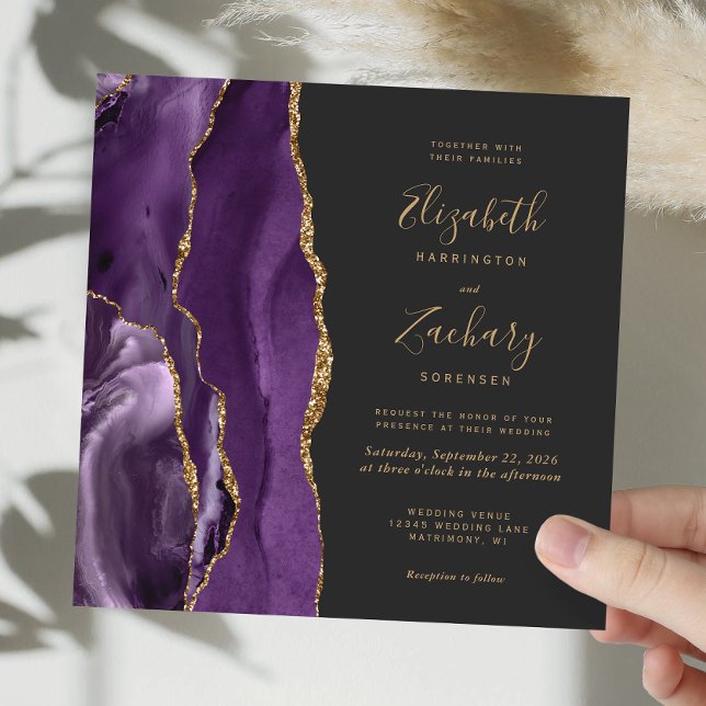 Purple Gold Agate Modern Dark Square Wedding Invitation (Creator Uploaded)
