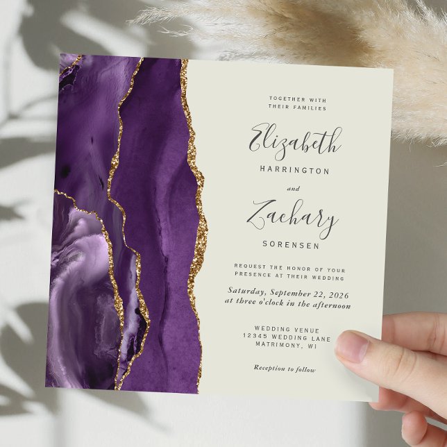 Purple Gold Agate Modern Ivory Square Wedding Invitation (Creator Uploaded)
