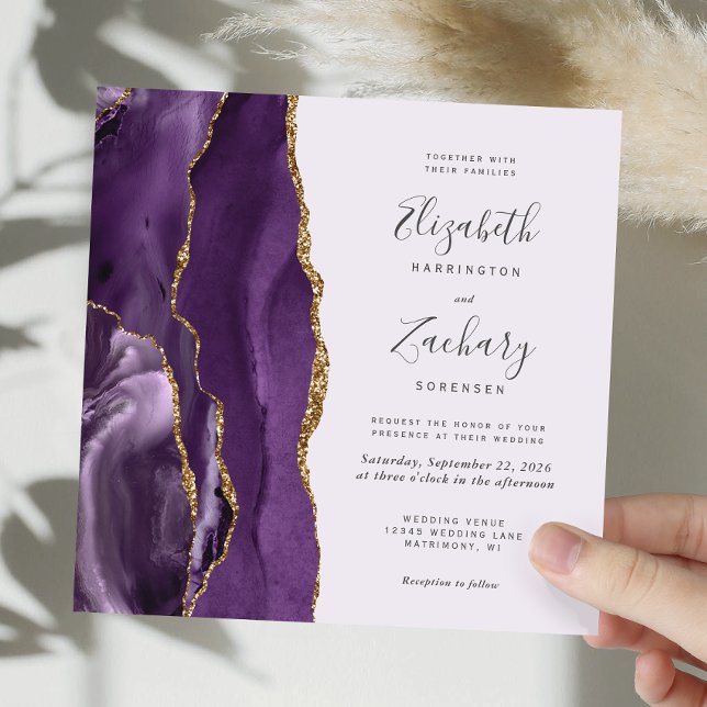 Purple Gold Agate Modern Lavender Square Wedding Invitation (Creator Uploaded)
