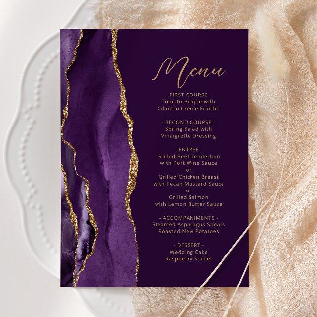 Purple Gold Agate Modern Script Plum Wedding Menu (Creator Uploaded)