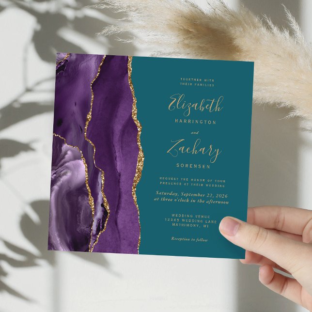 Purple Gold Agate Modern Teal Square Wedding Invitation (Creator Uploaded)